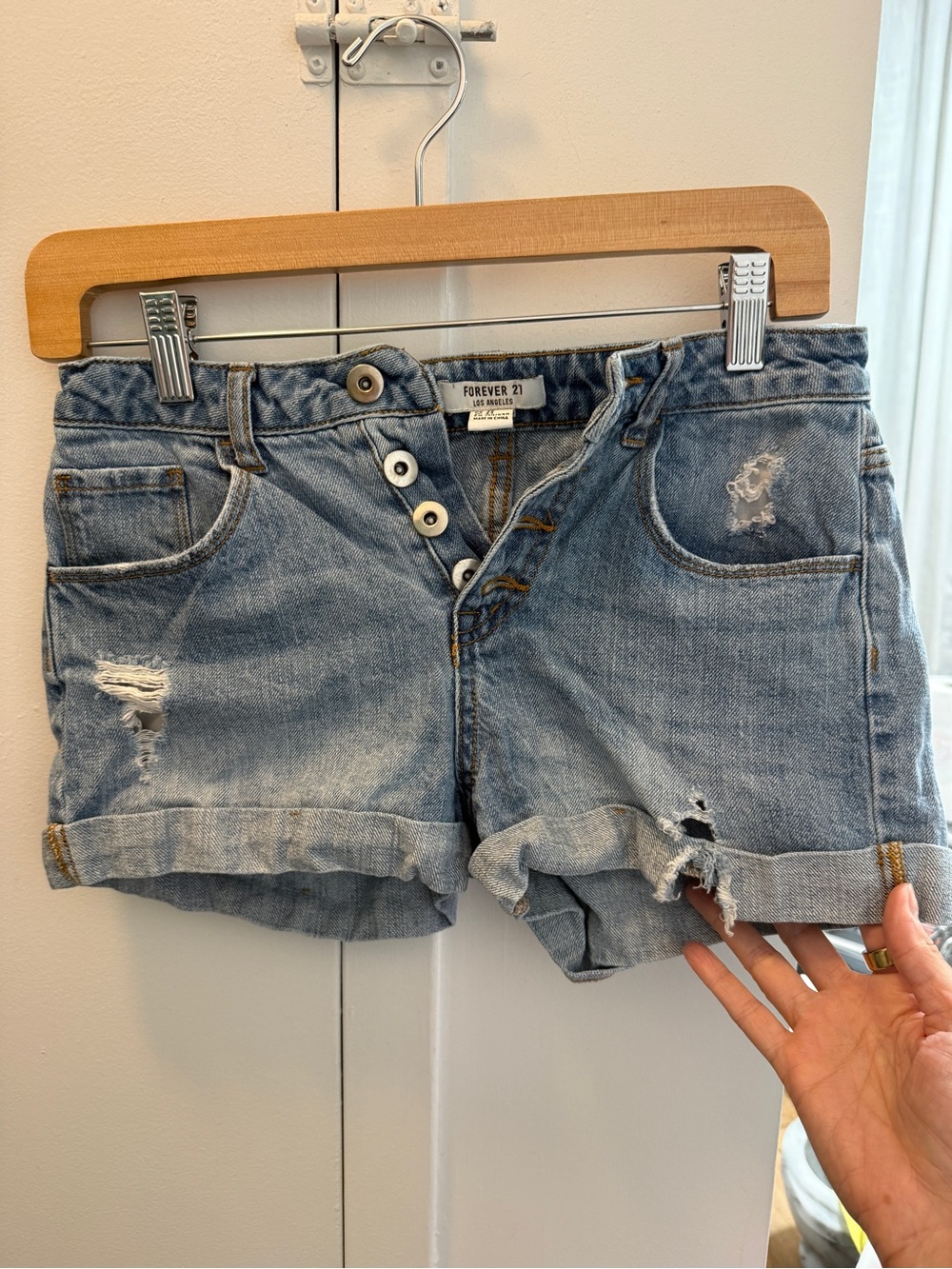 Forever 21 Light Blue Distressed Button-Fly Denim Shorts